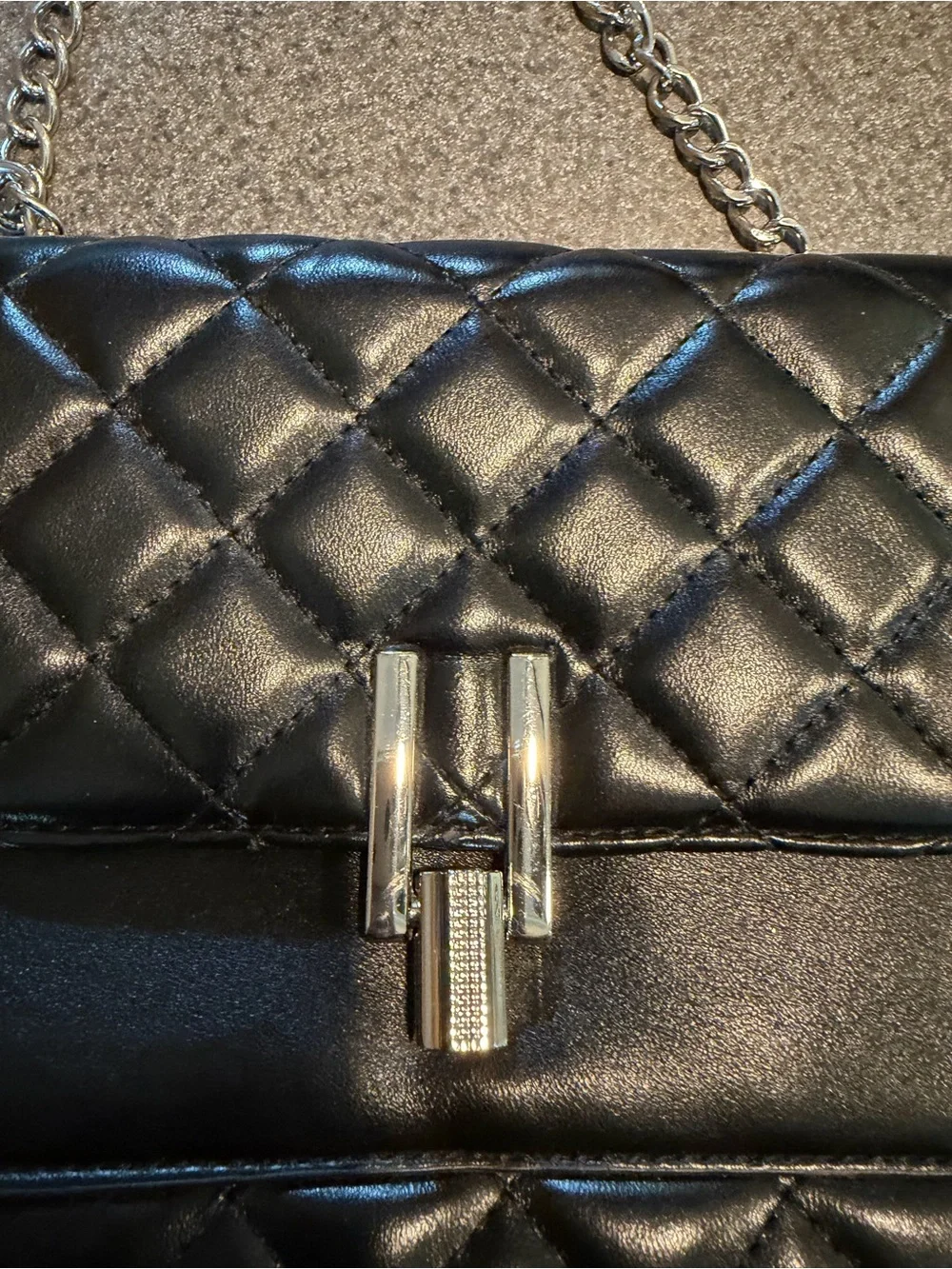 Black Quilted Chain Strap Crossbody Bag Turn Lock Purse